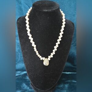 17" Rice Pearl & Rutilated Quartz Pendant Necklace With Sterling Silver Clasp